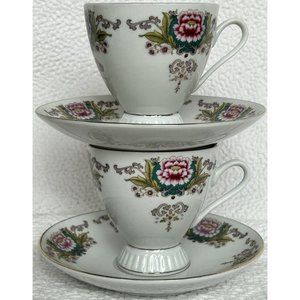 Yong Sheng Vintage 1970s Lotus Flower Set Of 2 Cups & Saucers Liling, China EUC
